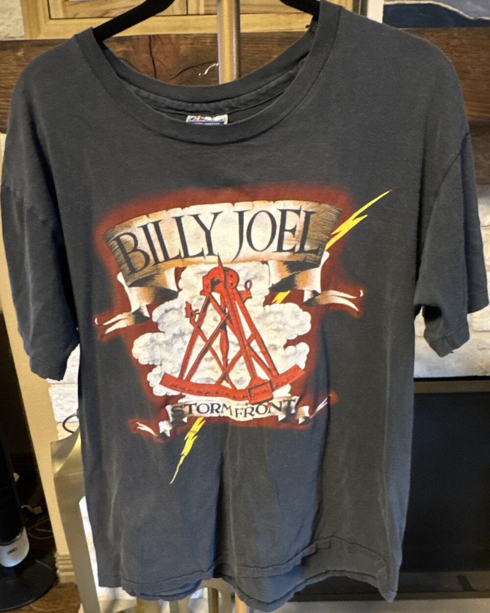 Hanes Vintage Billy Joel Storm Front Graphic Tee Black Red Cotton XL 46-48 USA